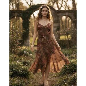 Vintage Eva Blue Dress Womens 10 Beaded Floral Midi Y2K Asymmetrical Whimsigoth